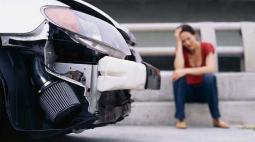 A woman sits on the curb staring at her damaged car.